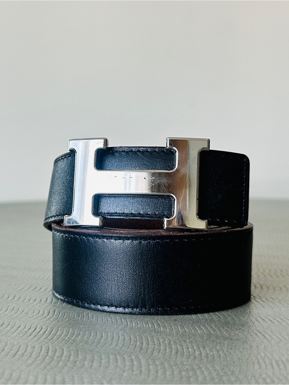 Hermes SILVER Buckle H Belt Black Black Tan Leather Strap 32 mm Width Size 95 Cm